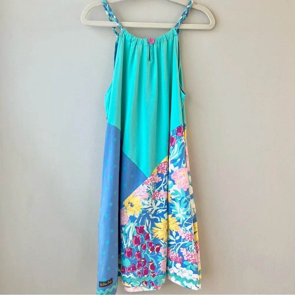 Matilda Jane NWT Aqua Blue Pink Polka Dot Daisy Braid Strap Dress Patchwork